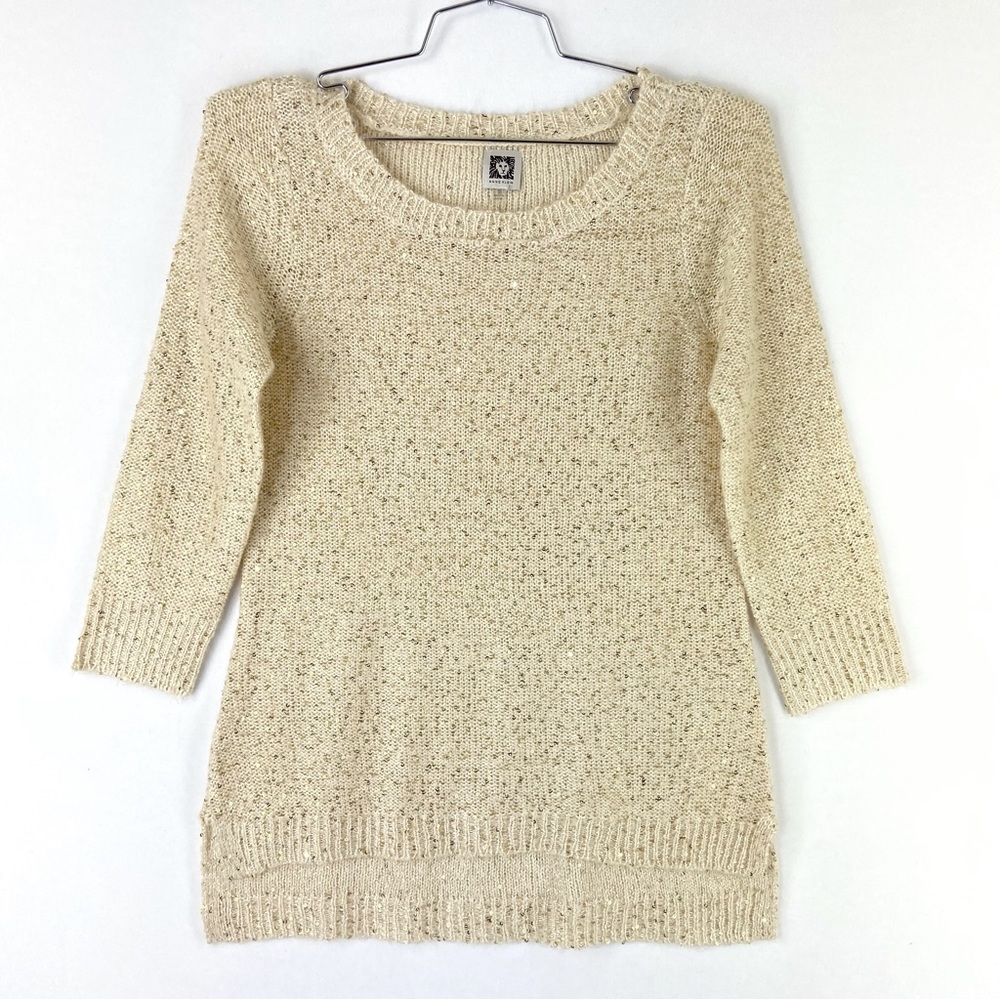 ANNE KLEIN 2000s Sequins 3/4 Sleeves Pullover Beige Sweater Size S
